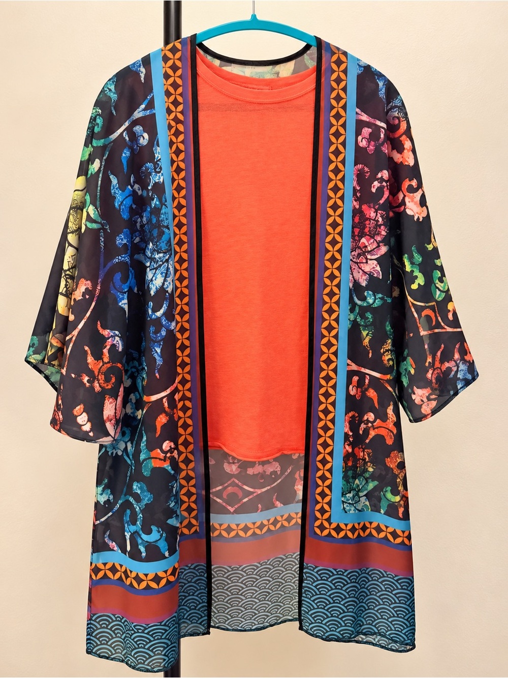 Colorful Open-Front Sheer Kimono Jacket